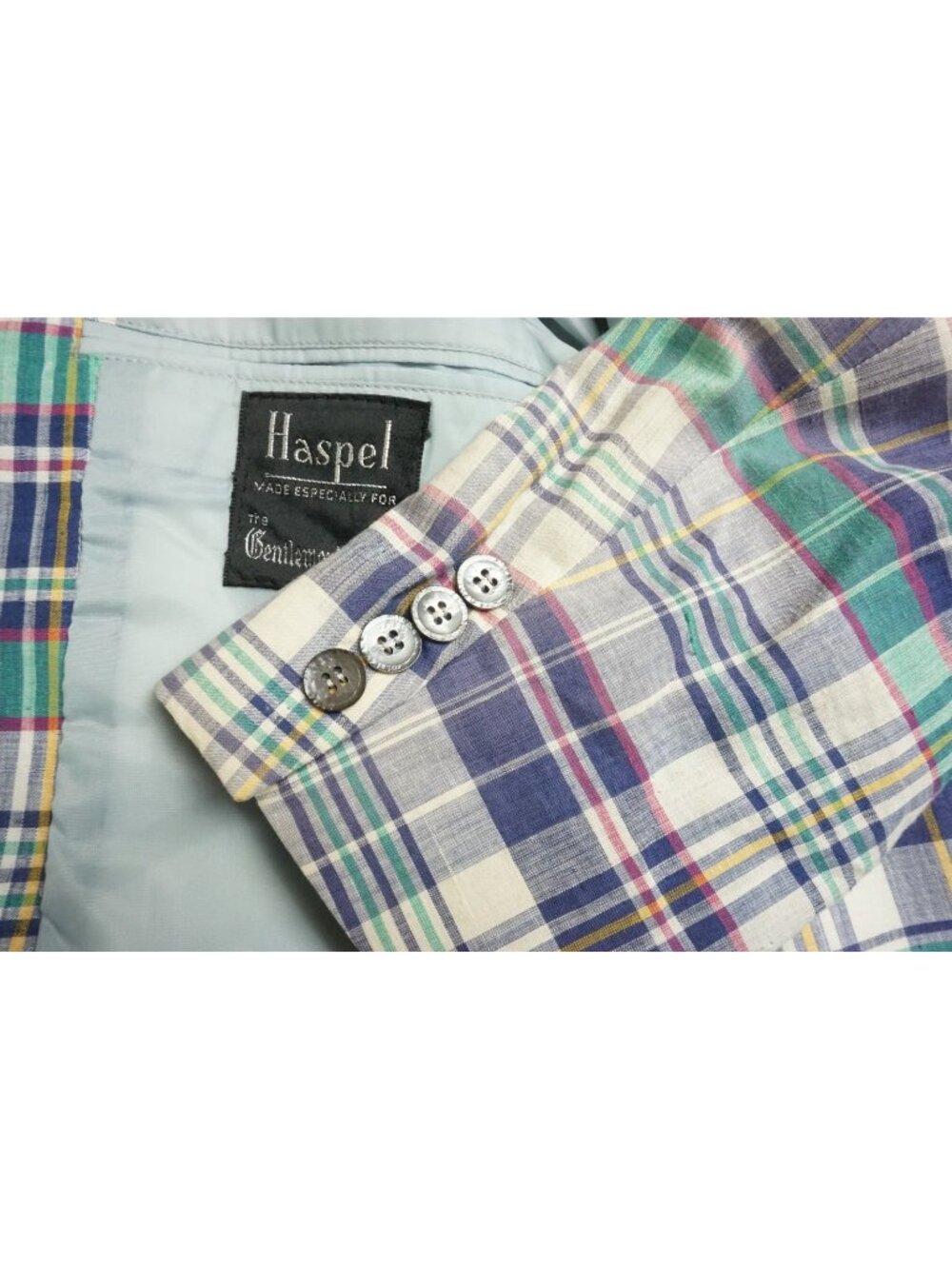 Haspel Indian Madras Multicolor Pink White Green Blue Plaid Sport Coat Jacket 40